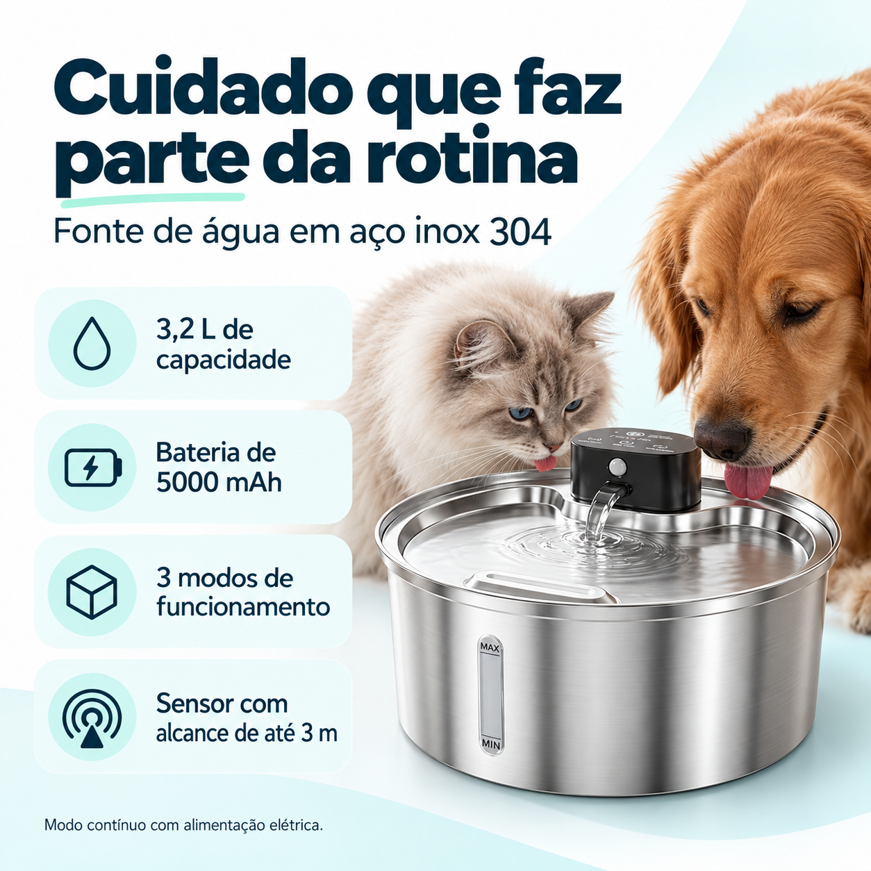 Fonte de água sem fio com sensor de presença em uso